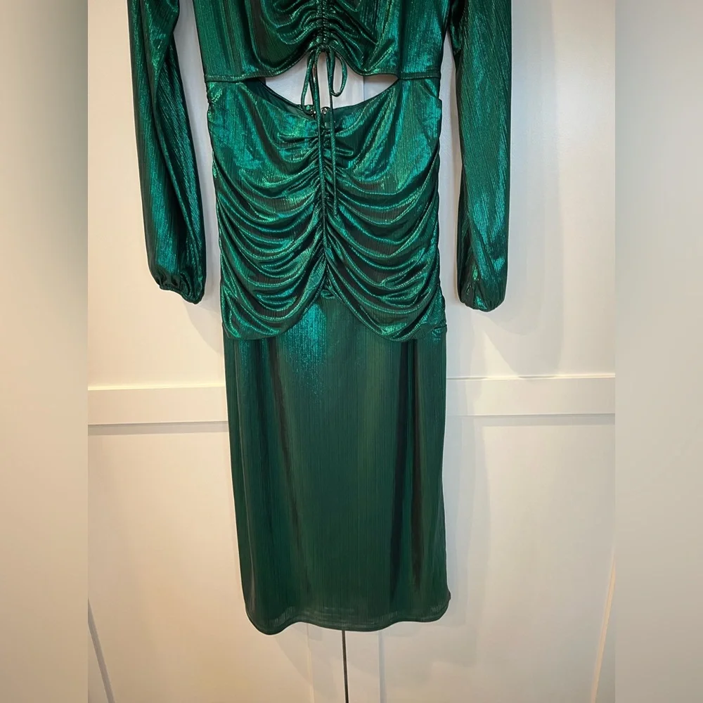 Sugarlips Cannes Liquid Satin Ruched Cut Out Green Midi Dress | Large